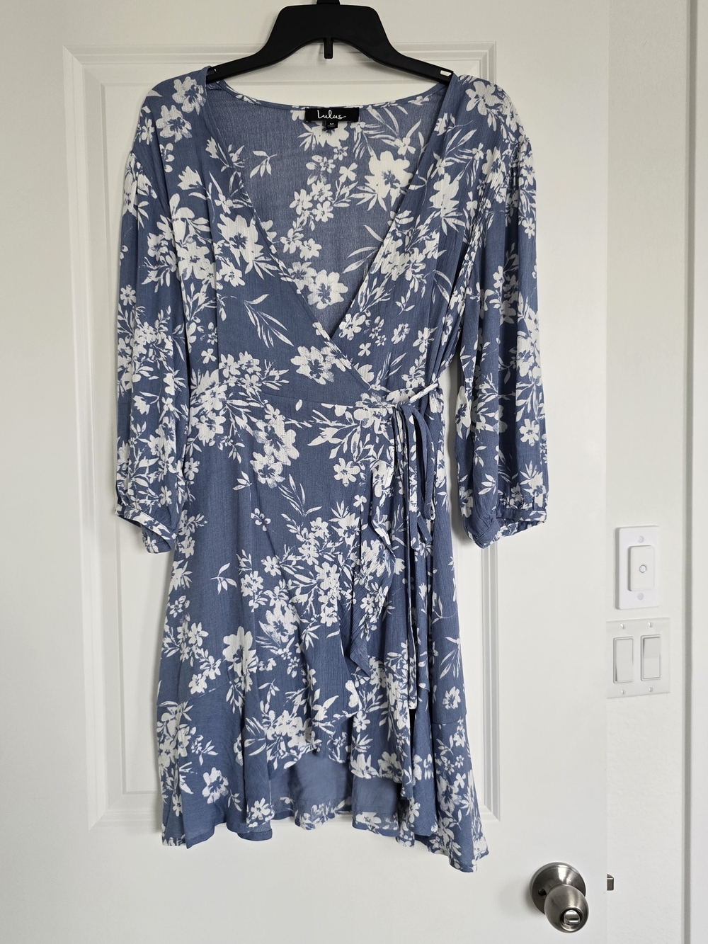 Lulu's Dusty Blue Floral Tie-Waist Wrap Dress